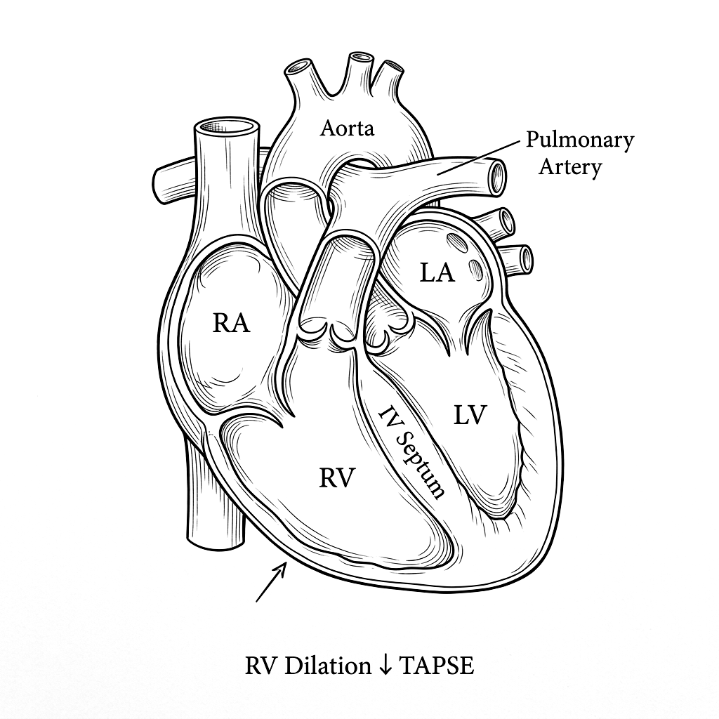 Heart cross-section showing RV dilation with decreased TAPSE